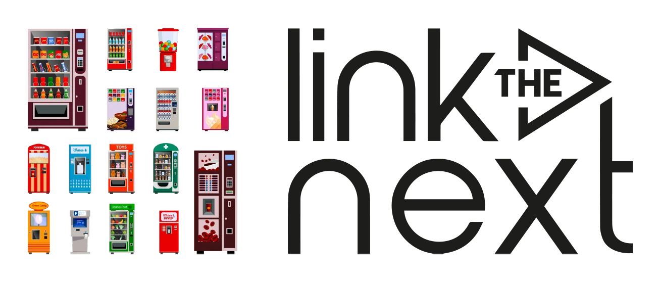 Eine Übersicht von stilisierten Getränkeautomaten. Rechts davon ist die Wortmarke "link the next" zu sehen.